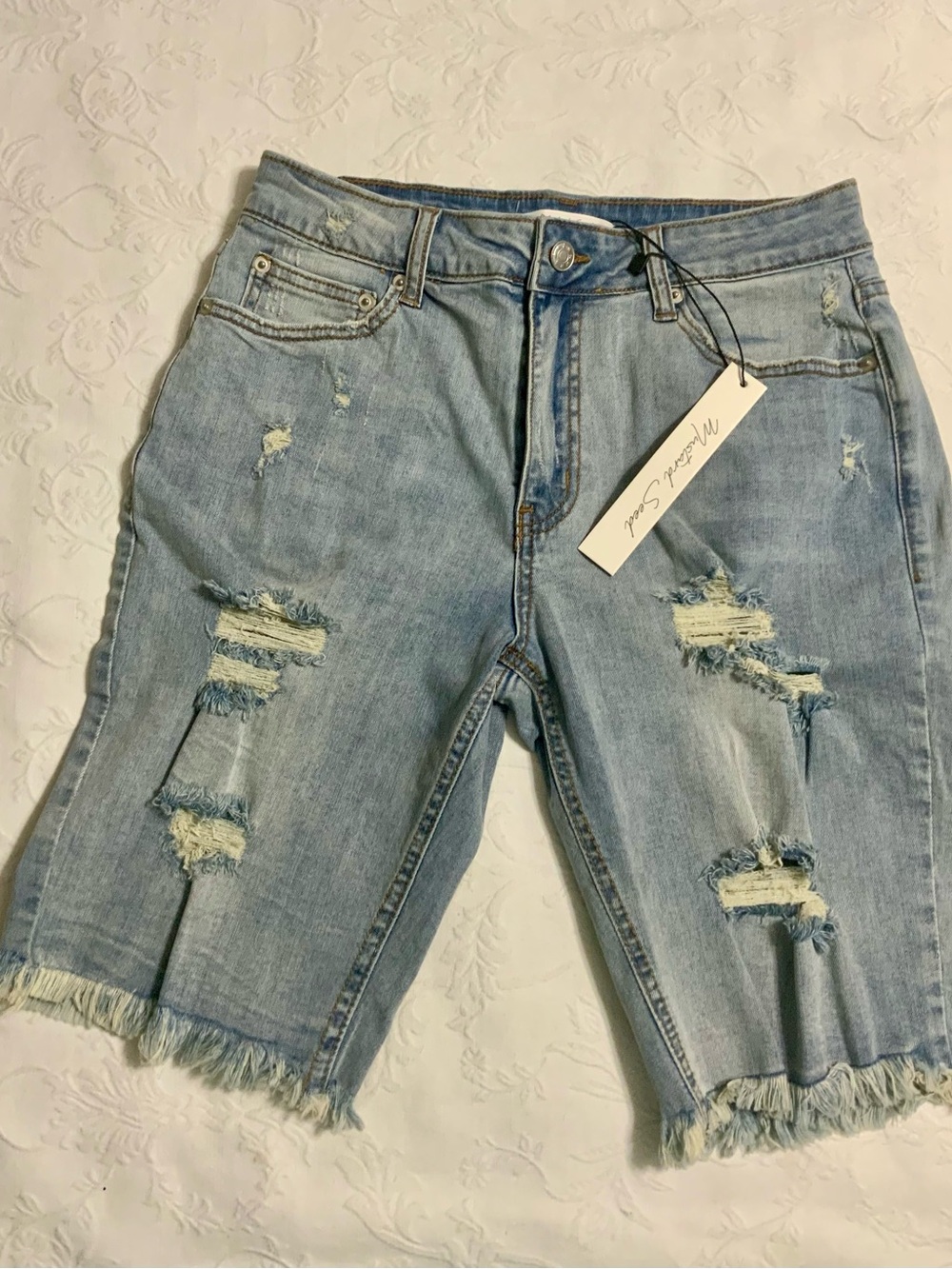 Mustard Seed Light Wash Distressed Denim Bermuda Shorts, NWT, Medium
